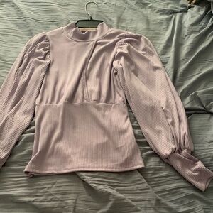 Pink Puff Sleeve Fitted Blouse with Mandarin Collar